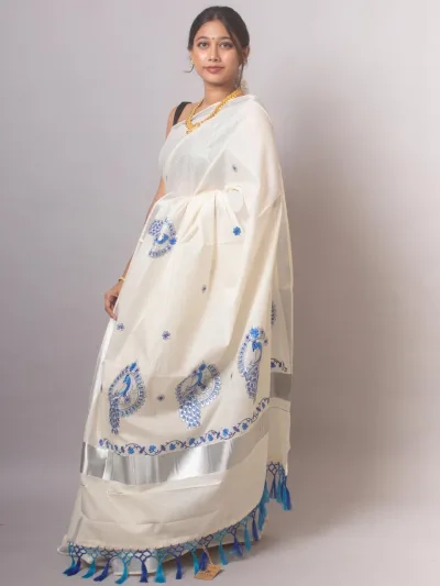 Silver Zari Kerala Kasavu Cotton Saree with Blue Peacock Motif Embroidery